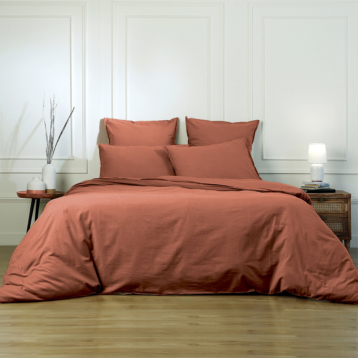 Parure + taies 65x65 coton lavé terracotta LUNA 240x220+2(65x65)