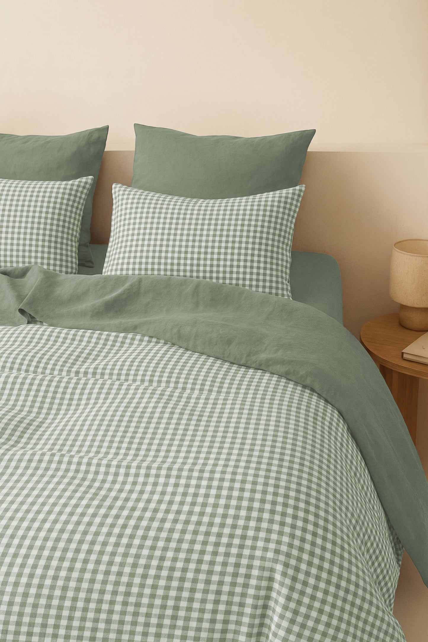 Parure + taies 65x65 coton lavé vert céladon LUNAS 260x240+2(65x65)