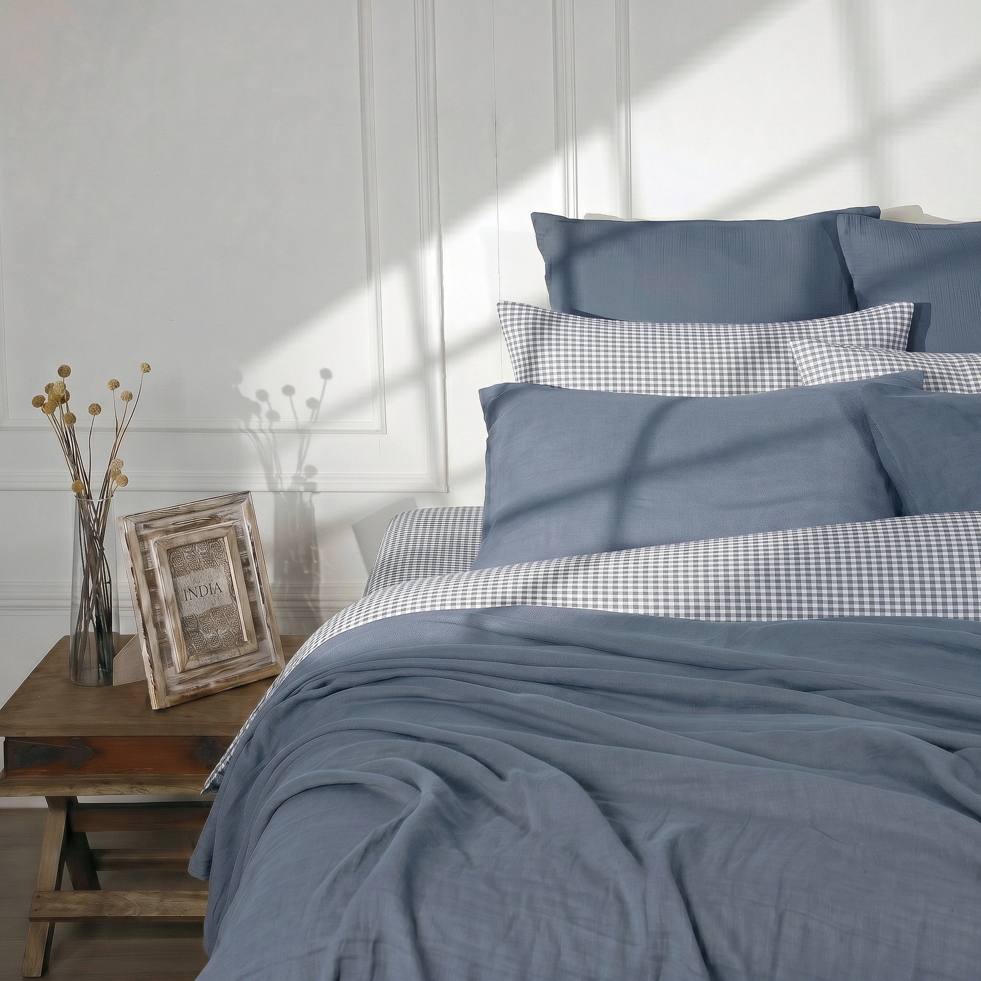 Taie d'oreiller (x2) coton lavé bleu orage LUNAS 50x70