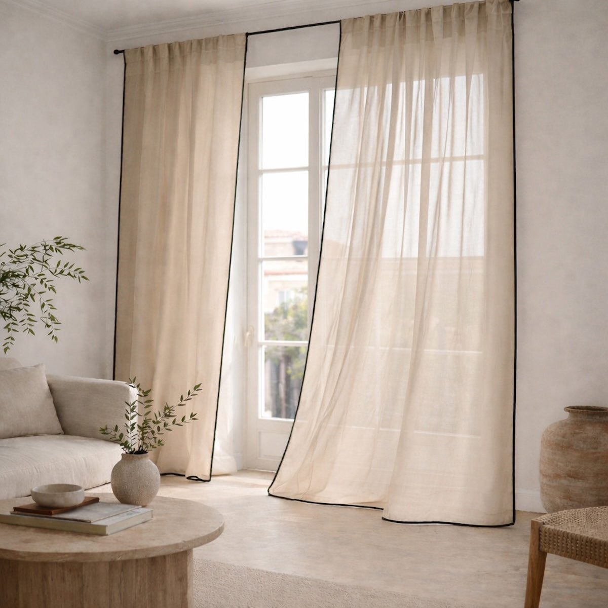 Voilage à passants (x2) voile de coton bio 140x260 BRUMA - grège / noir