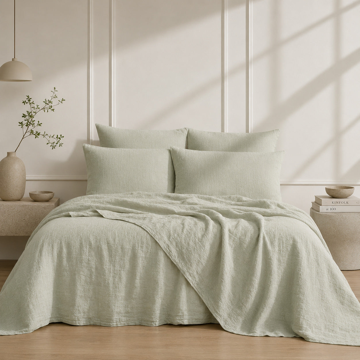 Drap housse lin lavé vert amande ADELE 160x200x40