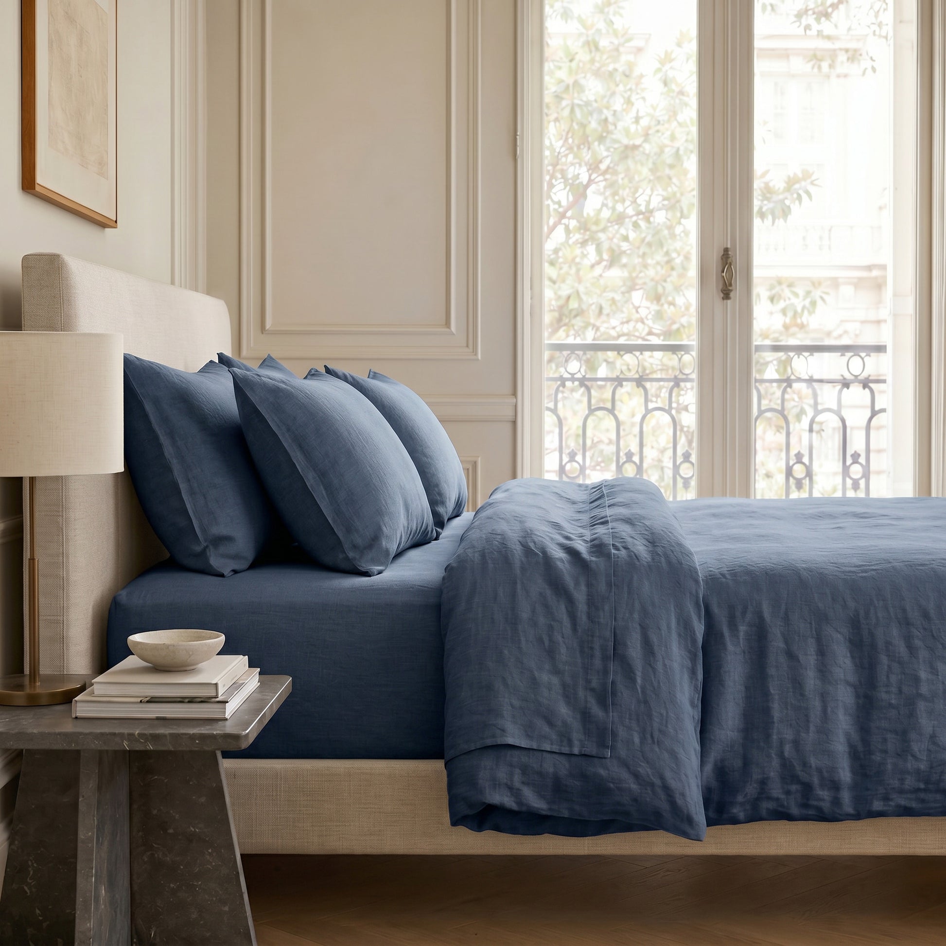 Drap plat lin lavé 240x300 ADELE bleu denim