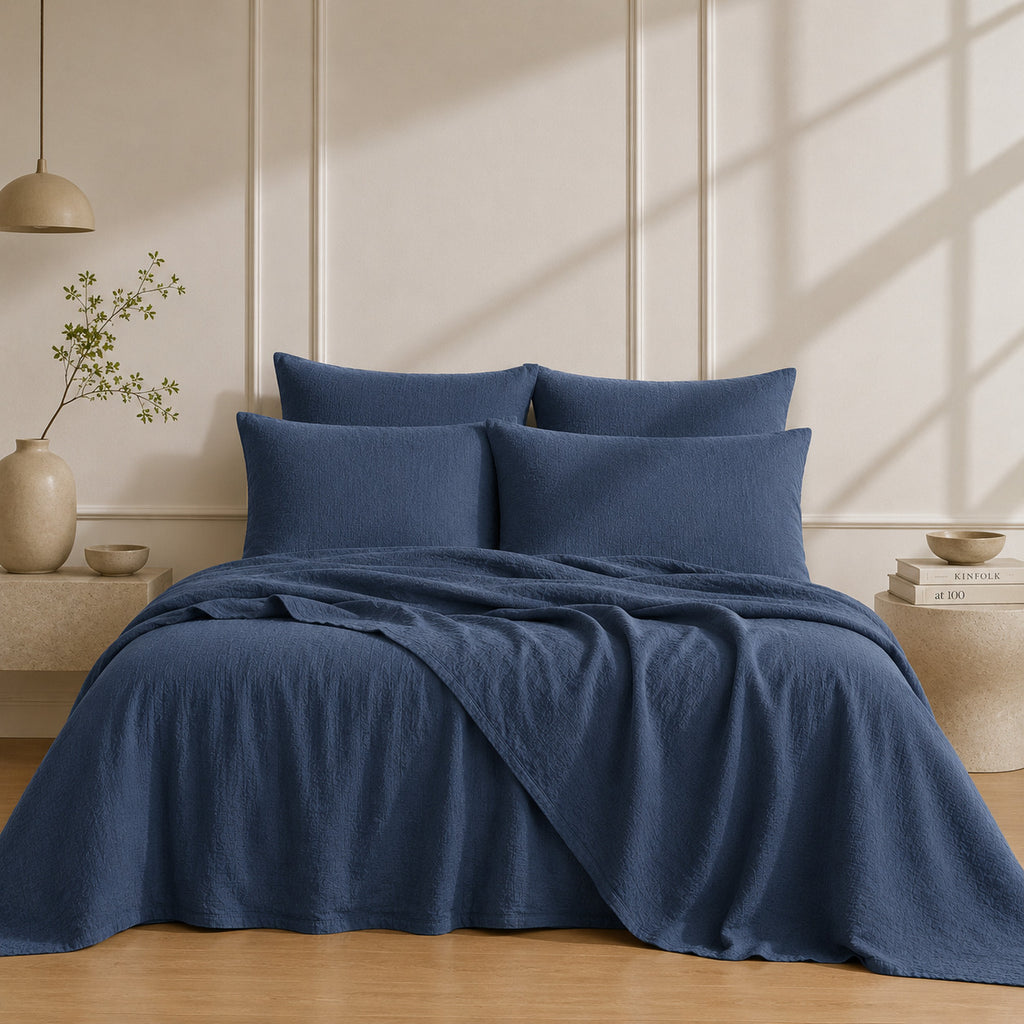 Drap plat lin lavé 240x300 ADELE bleu denim