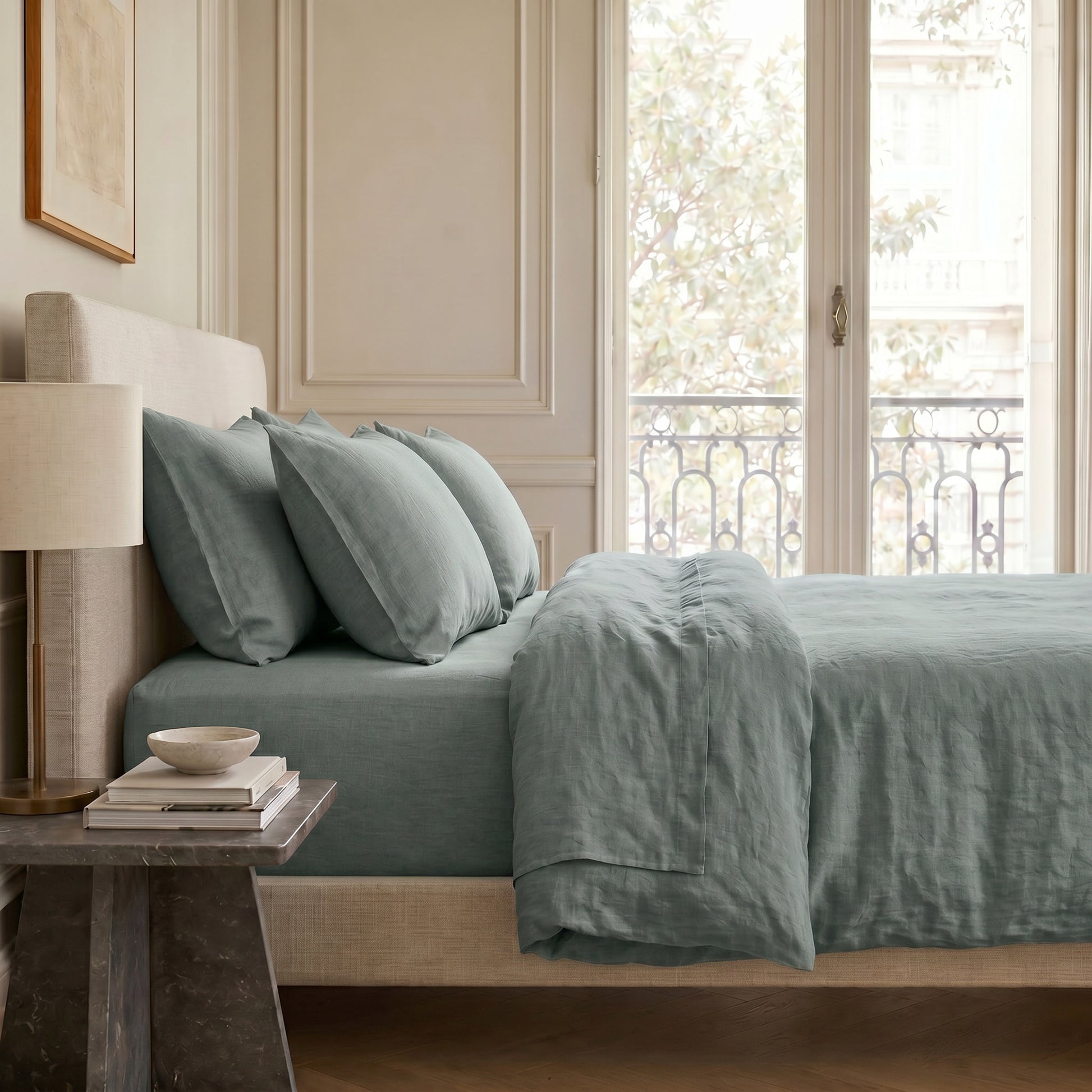Drap plat lin lavé 240x300 ADELE vert céladon