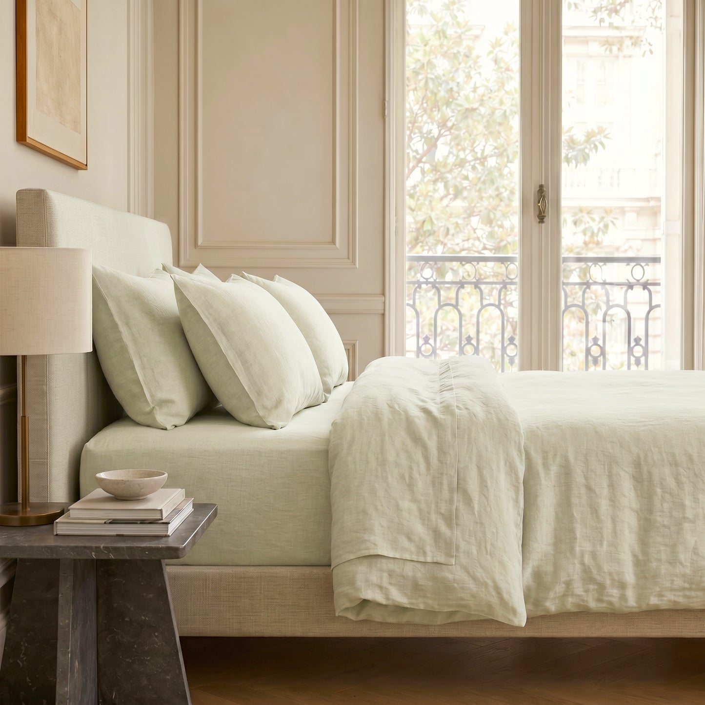 Drap plat lin lavé 270x300 ADELE vert amande