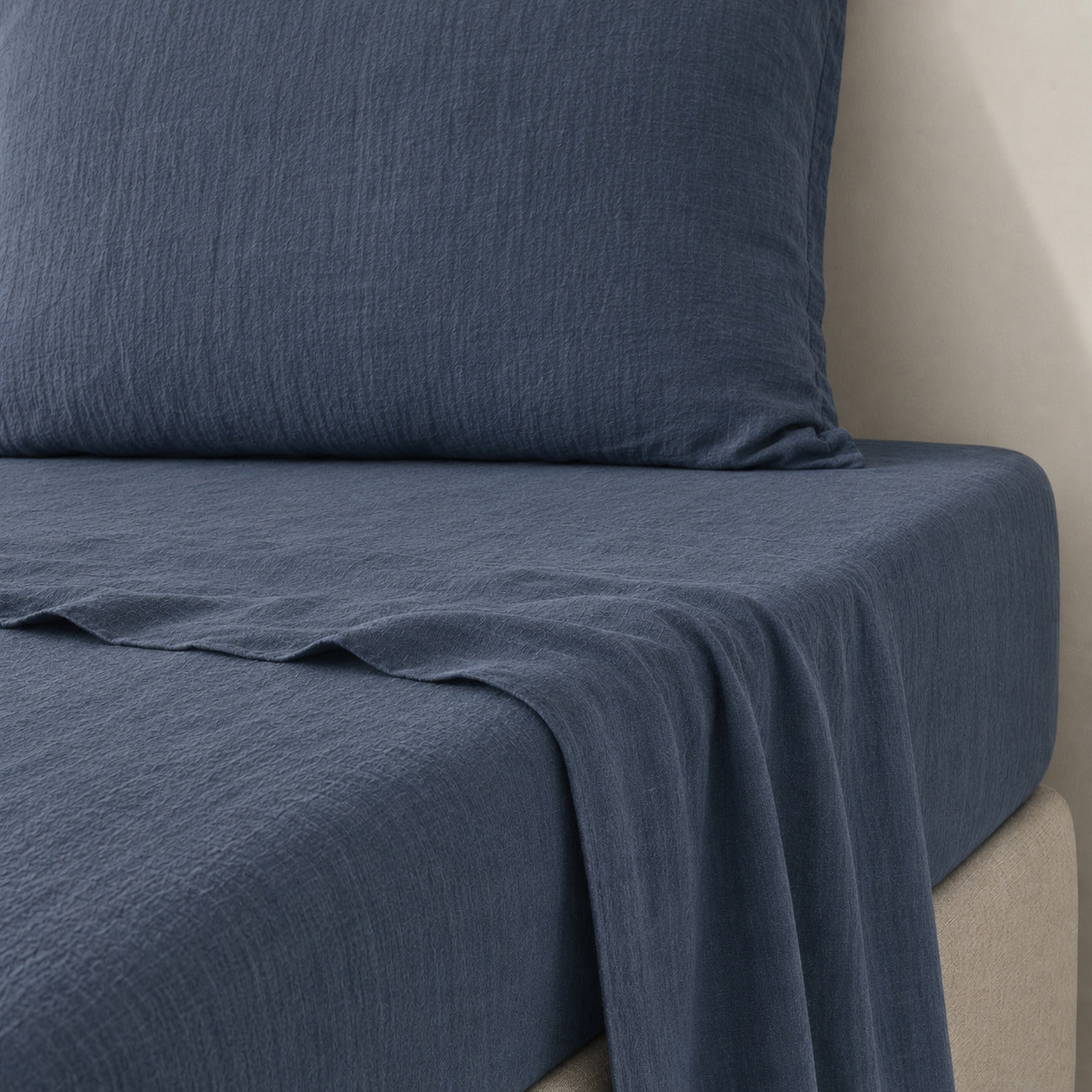 Drap plat lin lavé 270x300 ADELE bleu denim