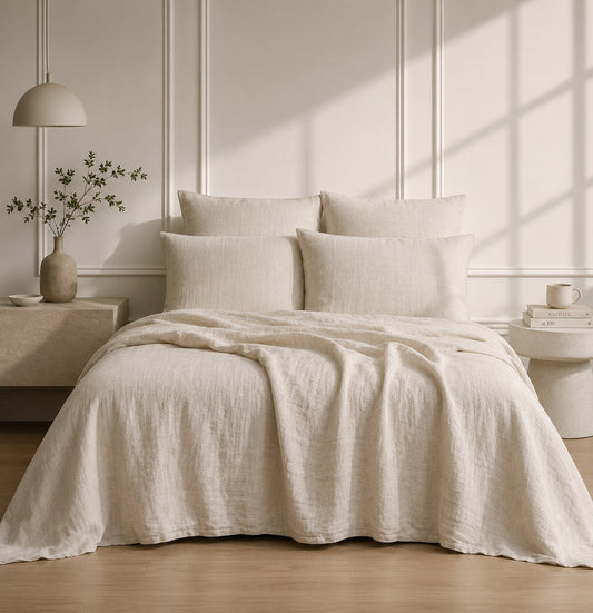 Parure + taies 65x65 lin lavé beige clair ADELE 240x220+2(65x65)