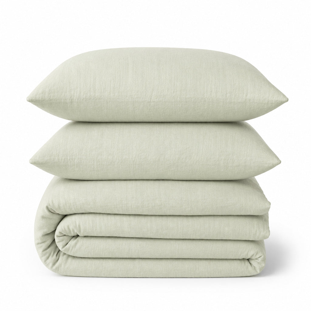 Parure + taies 65x65 lin lavé vert amande ADELE 240x220+2(65x65)