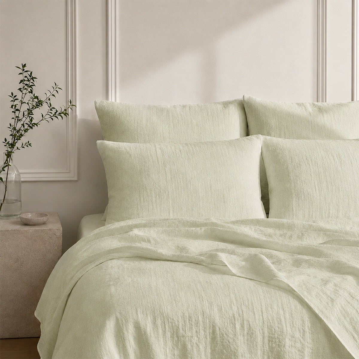 Parure + taies 65x65 lin lavé vert amande ADELE 240x220+2(65x65)
