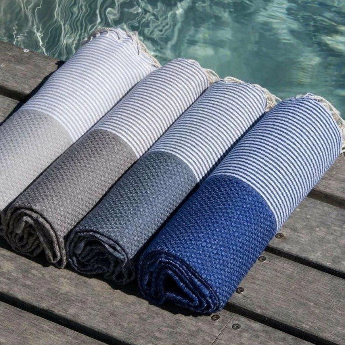Lot de 2 foutas nid d'abeille coton 100x200 IBIZA Bleu grec