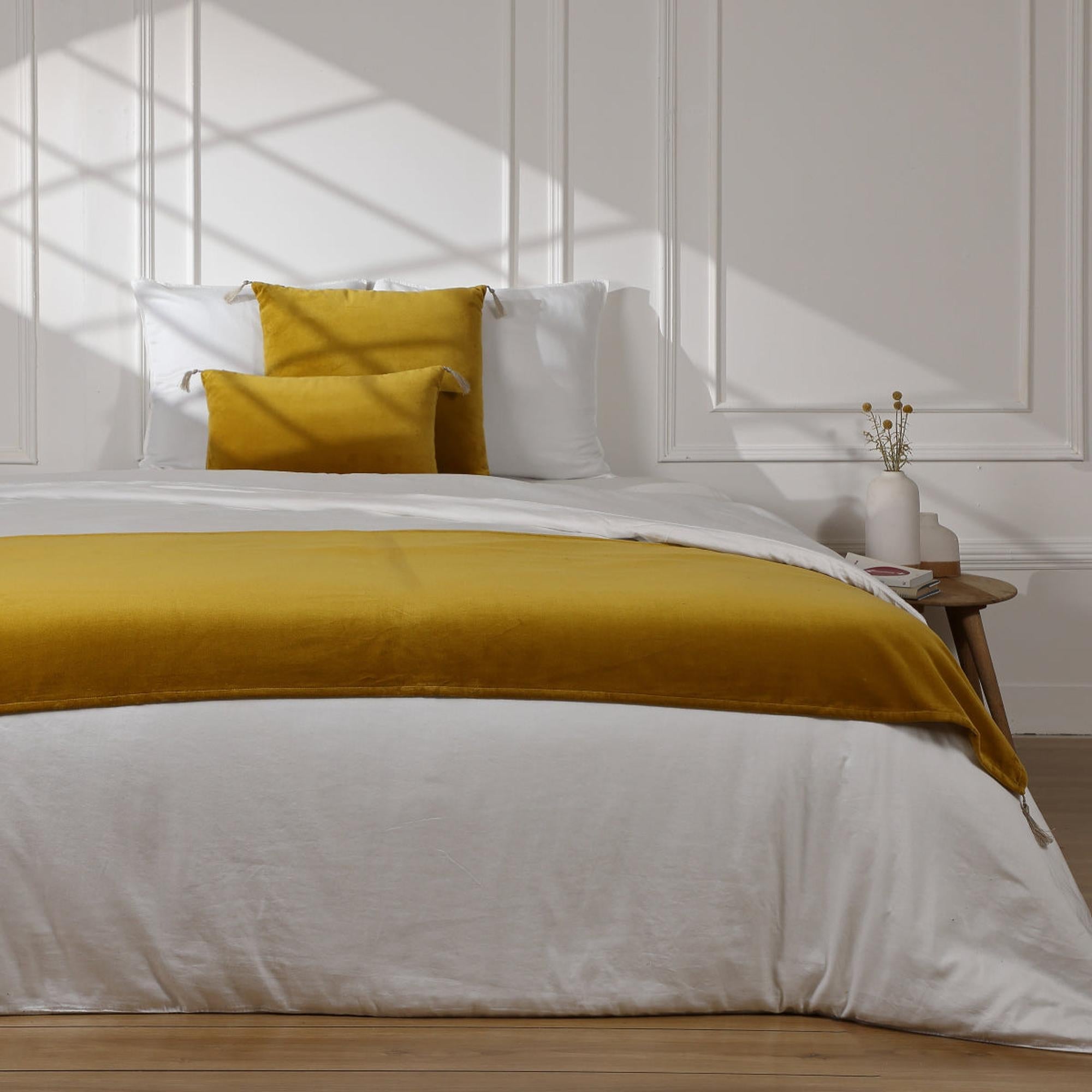 Chemin de lit velours de coton 90x200 DANUBE - jaune moutarde