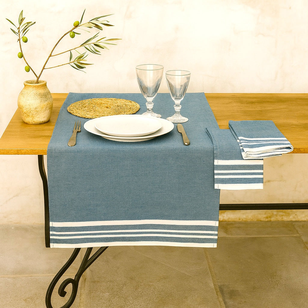 Chemin de table coton 50x150 MAHDIA - bleu pétrole