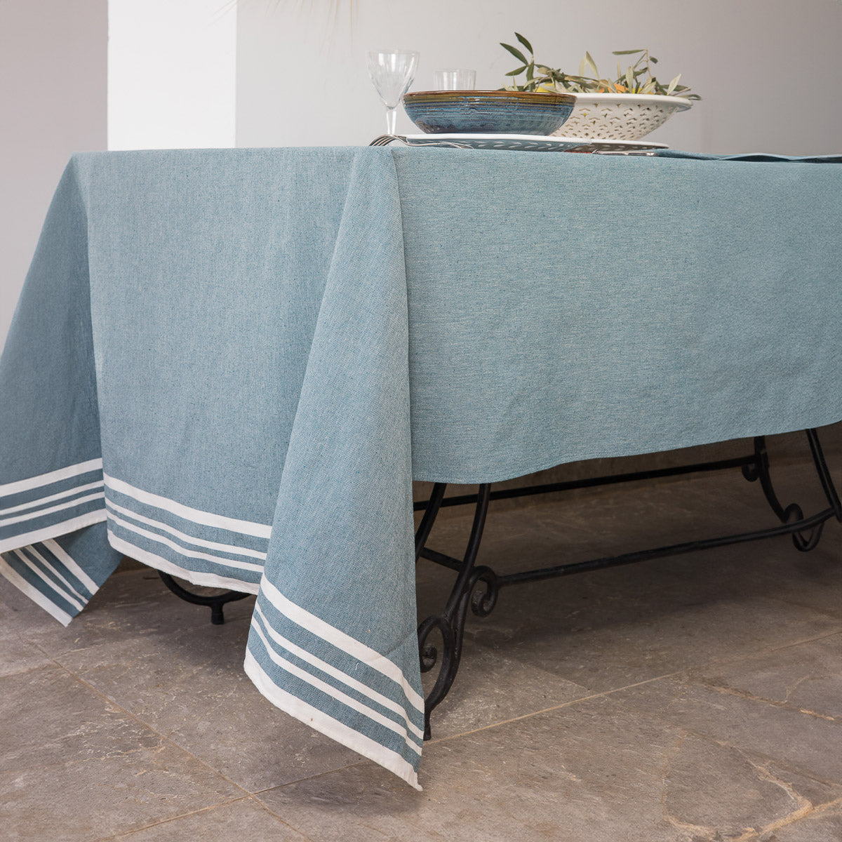 Nappe + 10 serviettes coton 180x400 MAHDIA - bleu pétrole