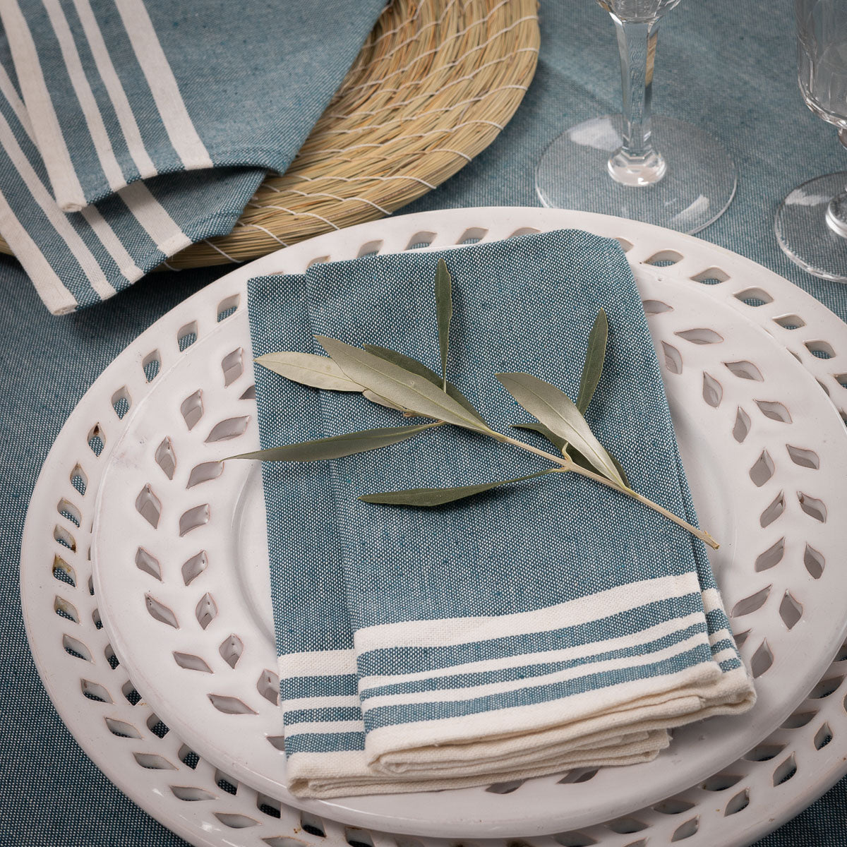 Nappe + 10 serviettes coton 180x400 MAHDIA - bleu pétrole