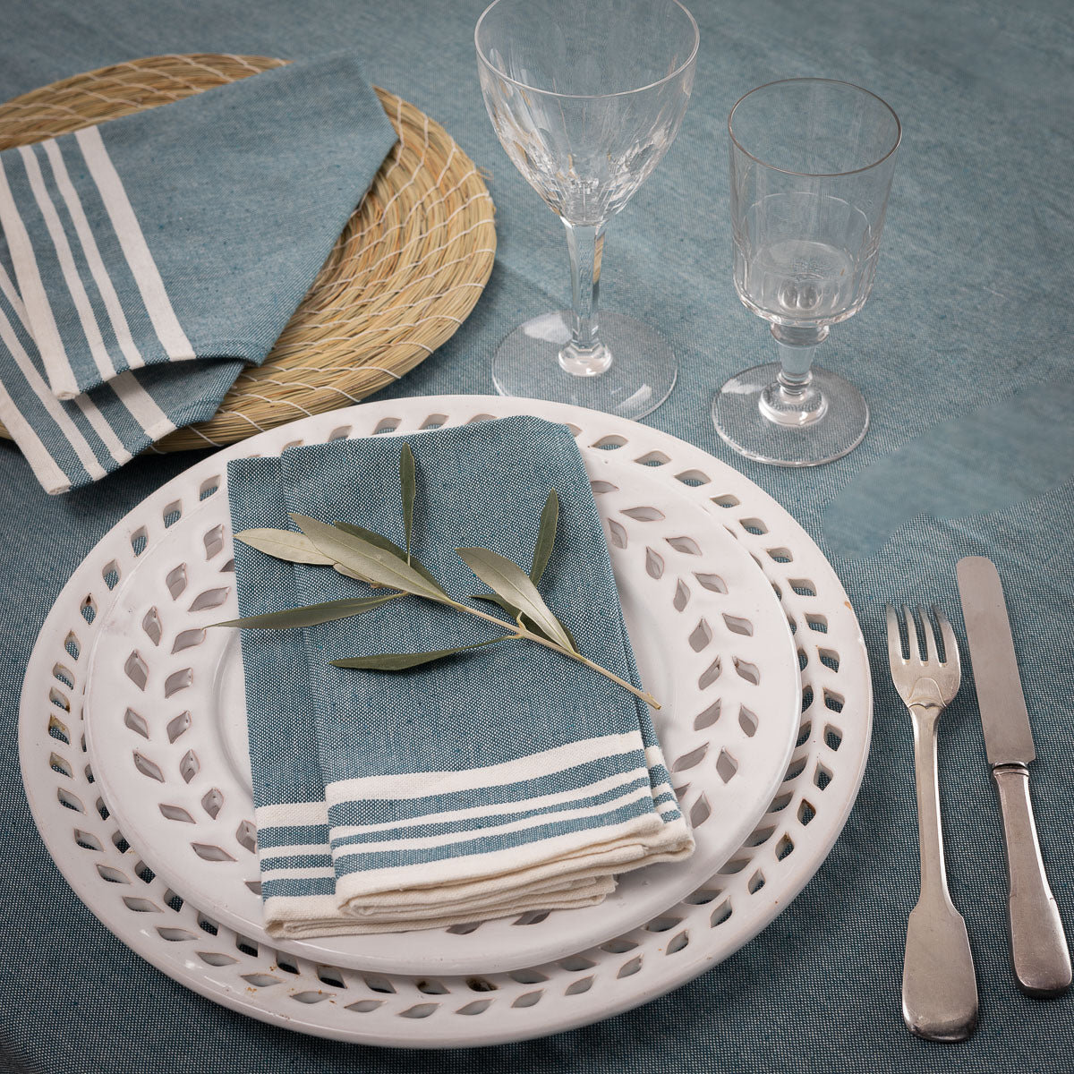 Nappe + 10 serviettes coton 180x400 MAHDIA - bleu pétrole