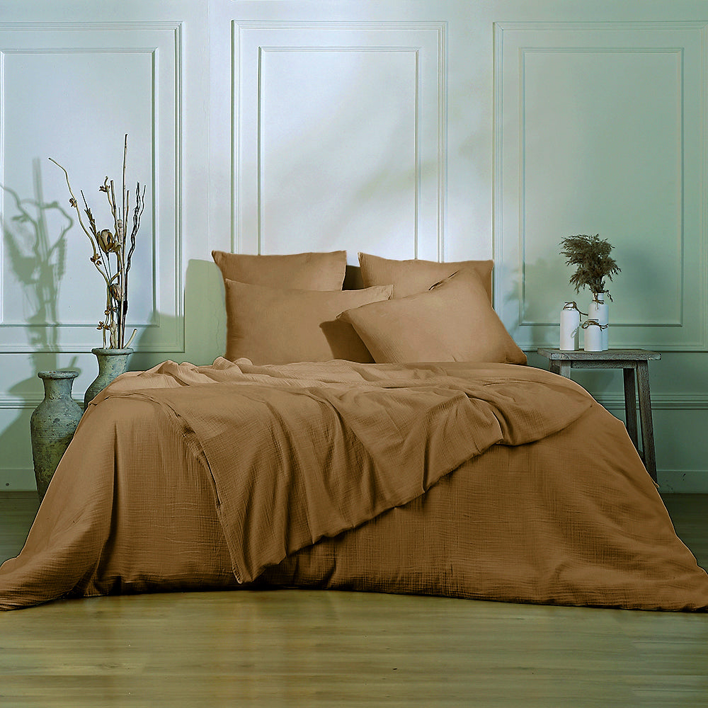 Parure + taies 65x65 gaze de coton noisette CARLA - 260x240+2(65x65) cm