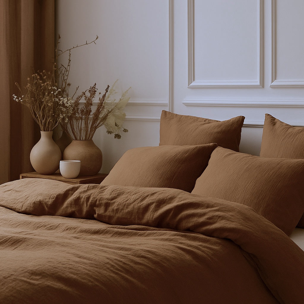 Parure + taies 65x65 gaze de coton noisette CARLA - 260x240+2(65x65) cm