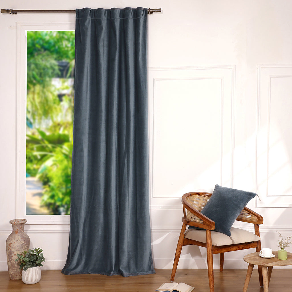 Rideau à passant velours de coton 135x260 VELVET - bleu orage