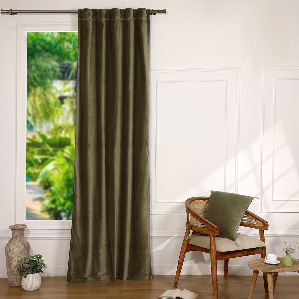 Rideau à passant velours de coton 135x260 VELVET - vert kaki