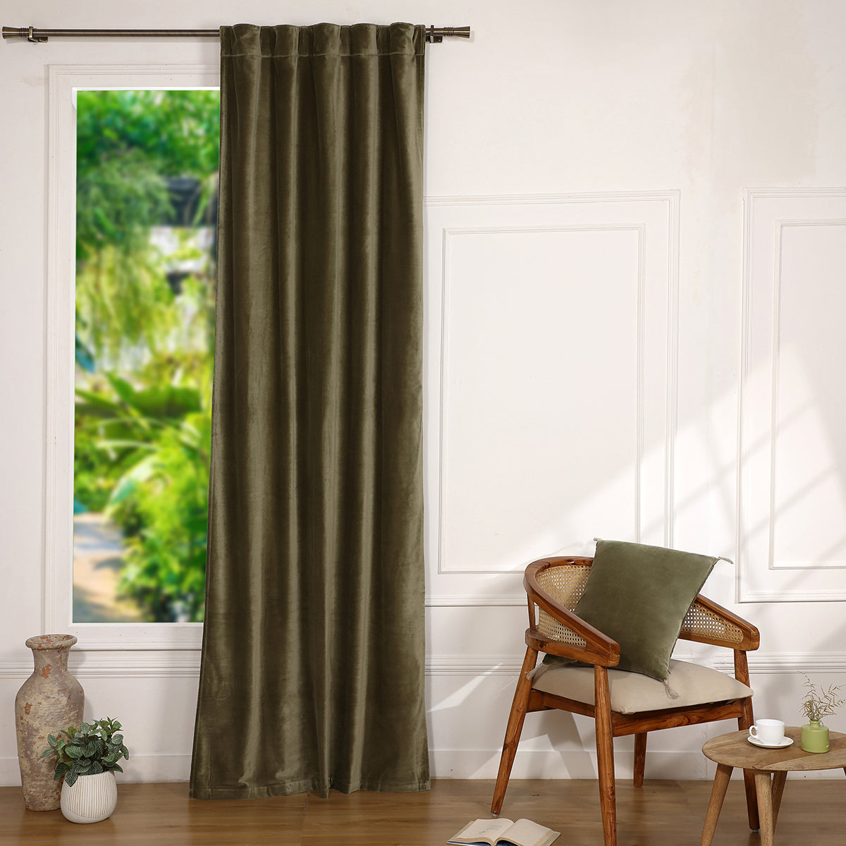 Rideau à passant velours de coton 135x260 VELVET - vert kaki