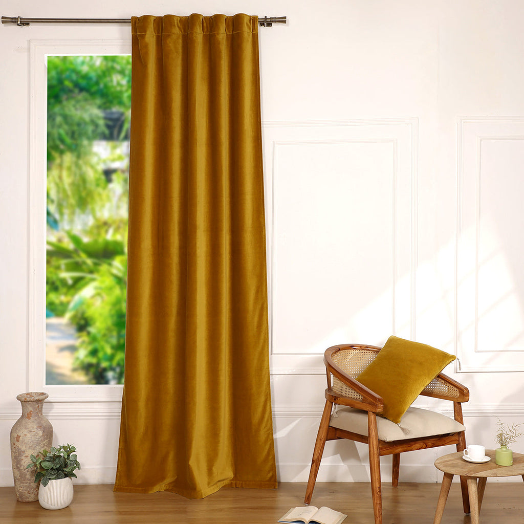 Rideau à passant velours de coton 135x260 VELVET - jaune moutarde
