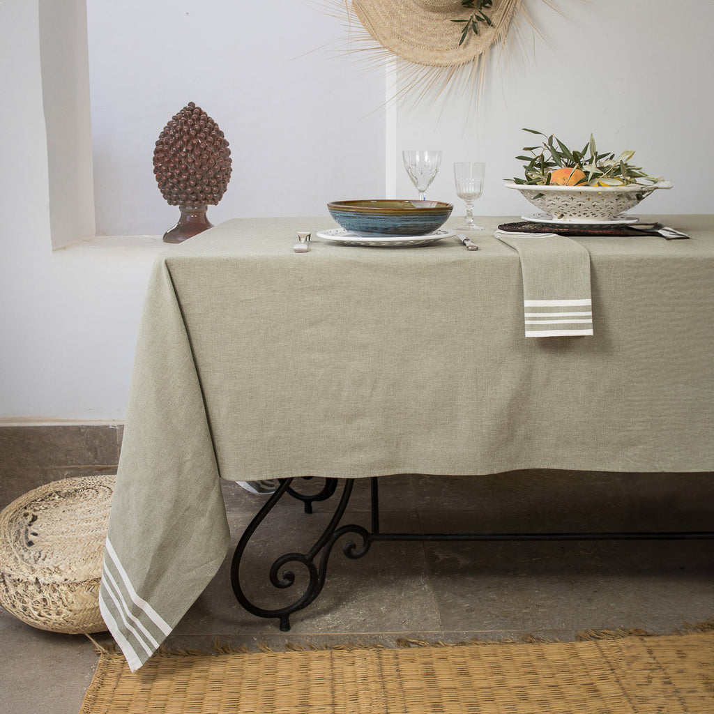 Nappe + 10 serviettes coton 180x400 MAHDIA - vert olive