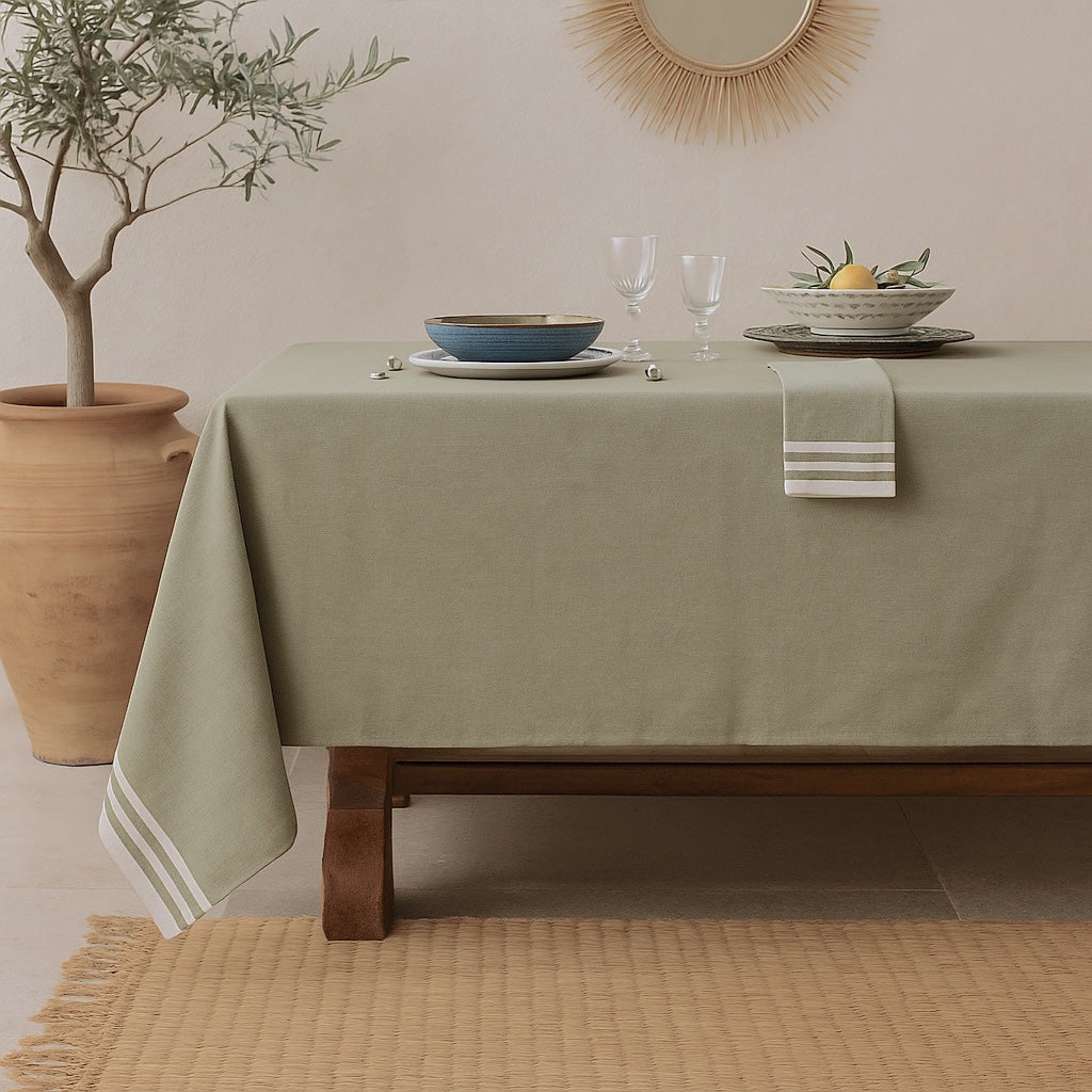 Nappe + 10 serviettes coton 180x400 MAHDIA - vert olive