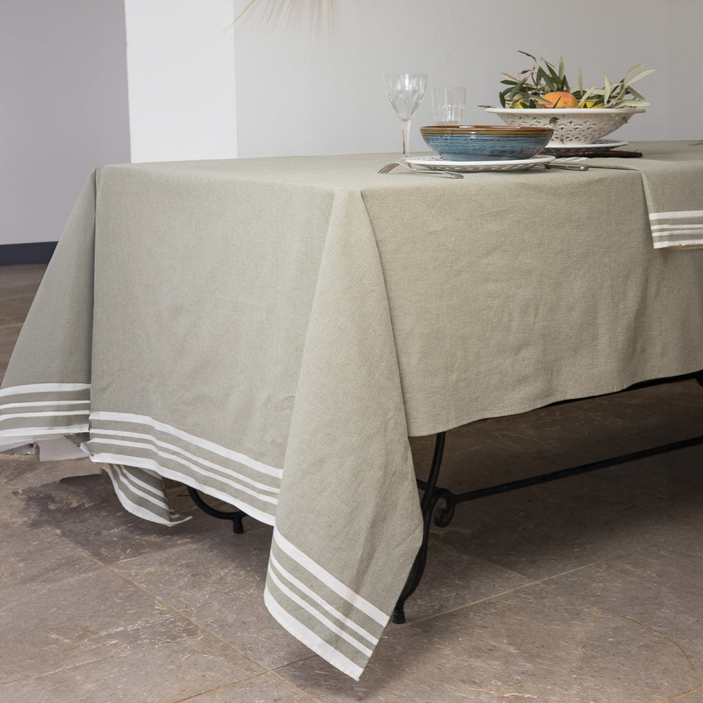 Nappe + 10 serviettes coton 180x400 MAHDIA - vert olive