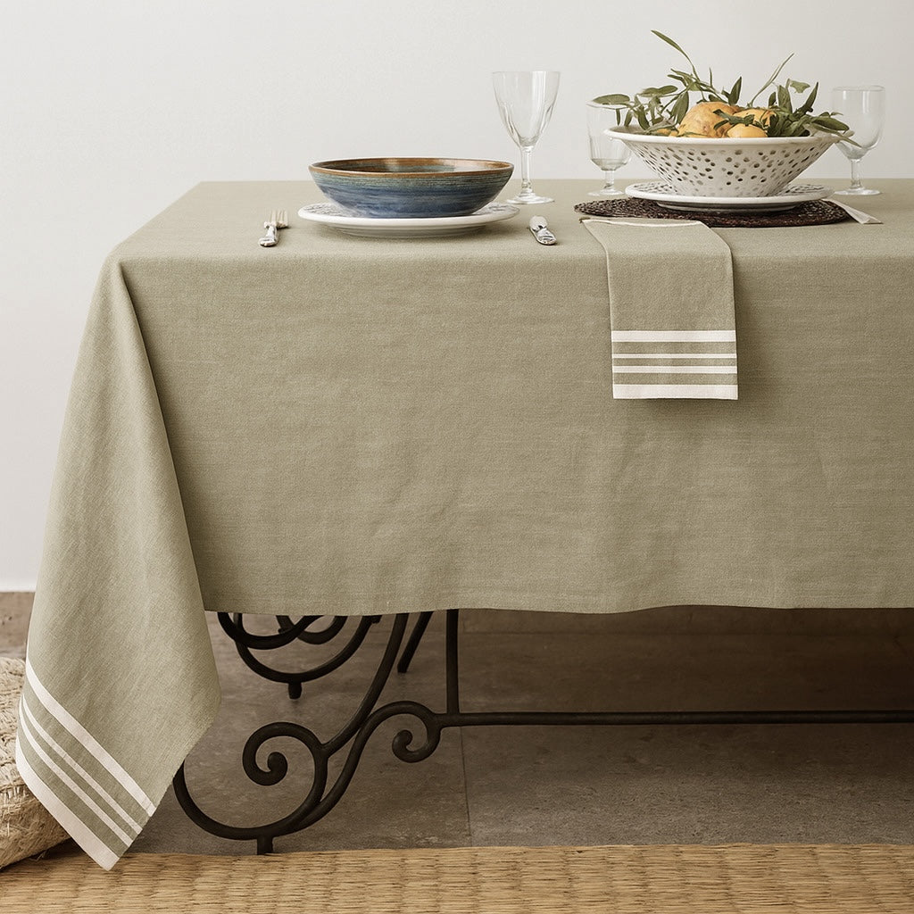 Nappe + 10 serviettes coton 180x400 MAHDIA - vert olive