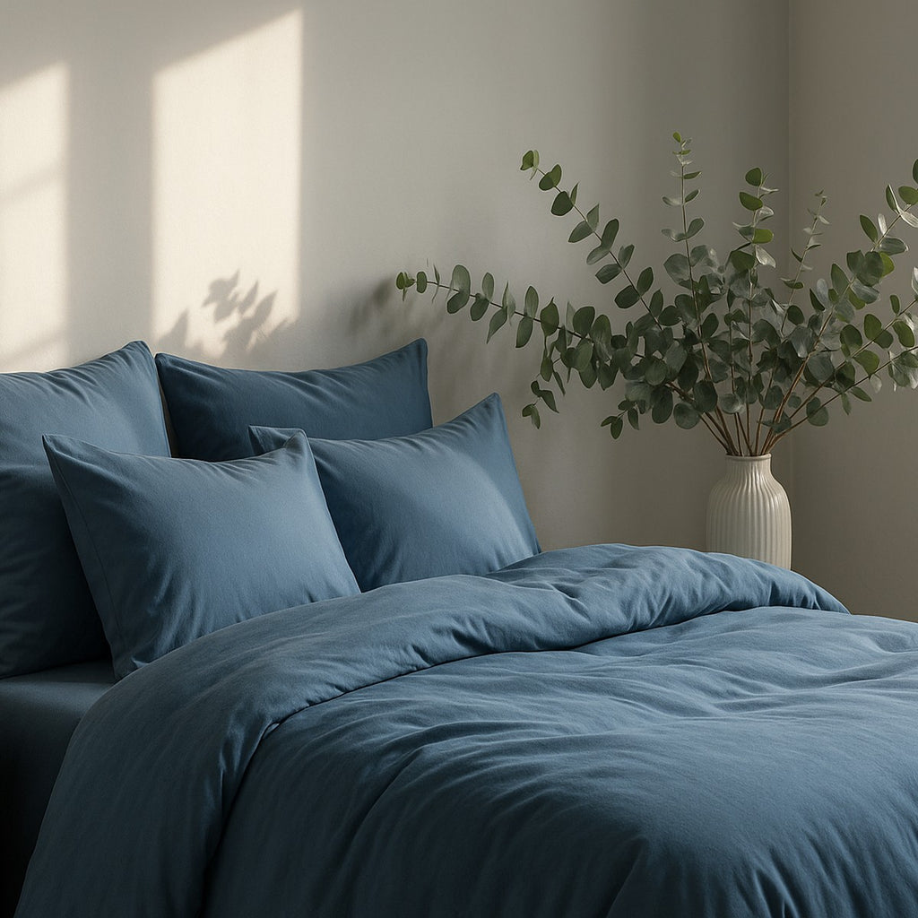 Parure + taies 50x70 satin lavé de coton bio bleu orage GAIA