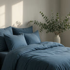Parure + taies 50x70 satin lavé de coton bio bleu orage GAIA