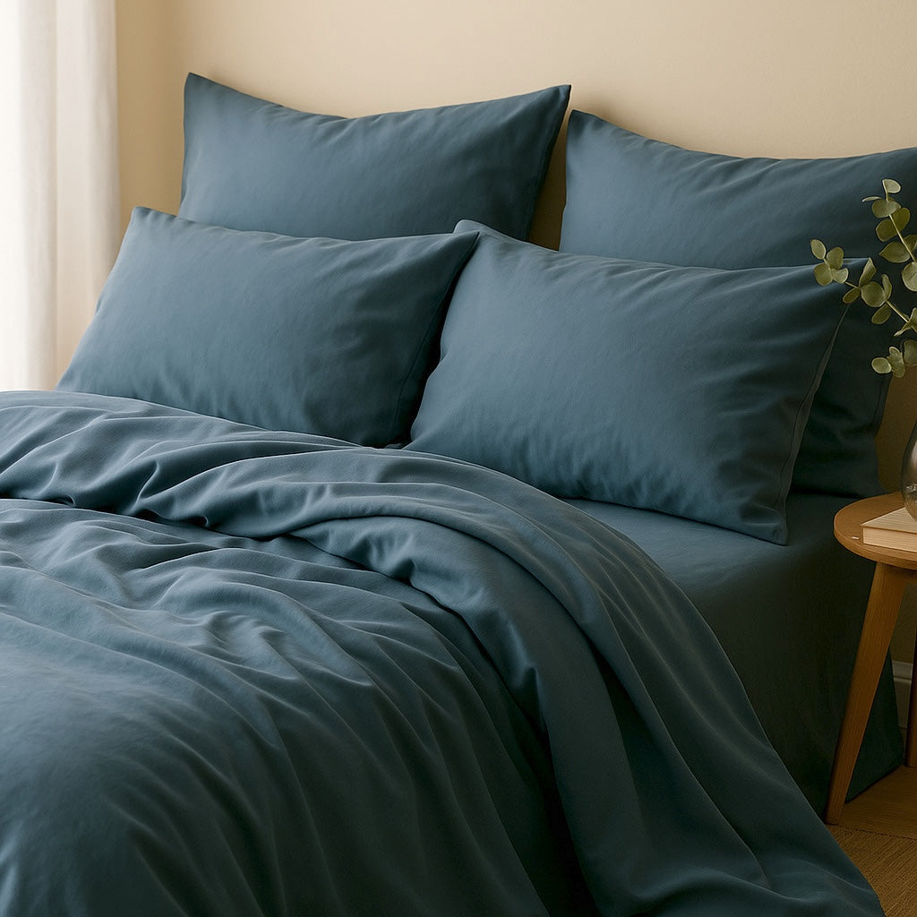 Taie d'oreiller (x2) satin lavé de coton bio bleu orage GAIA - 65x65 cm