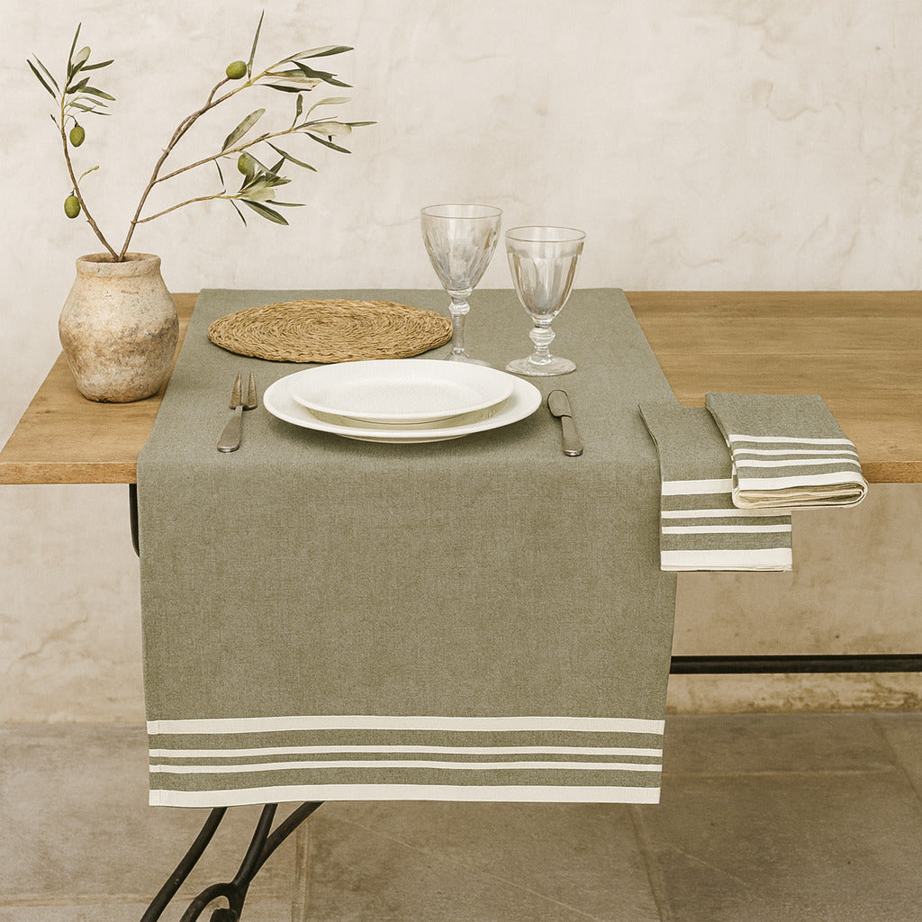 Chemin de table coton 50x150 MAHDIA - vert olive