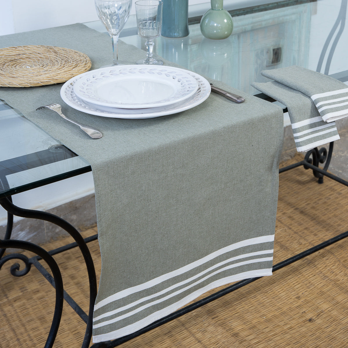 Chemin de table coton 50x150 MAHDIA - vert olive