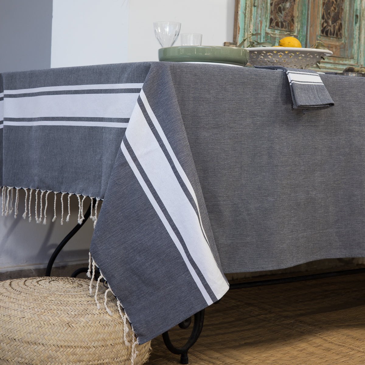 Nappe coton 180x350 ST TROPEZ - bleu jean