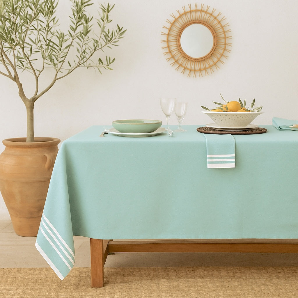 Nappe + 8 serviettes coton 180x350 MAHDIA - vert d'eau