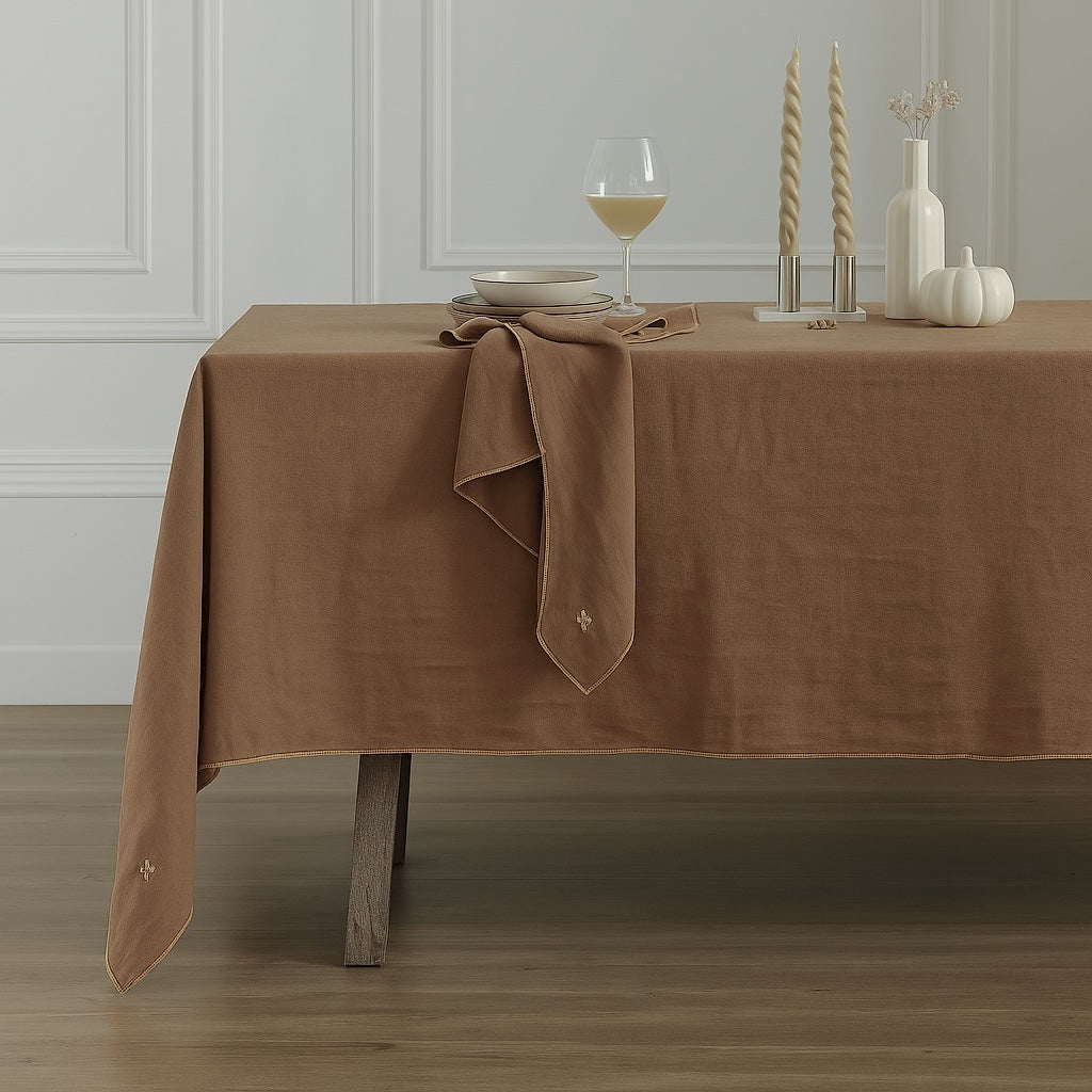 Nappe + 8 serviettes lin lavé 150x300 CAMILLE - vert kaki / or - febronie.com