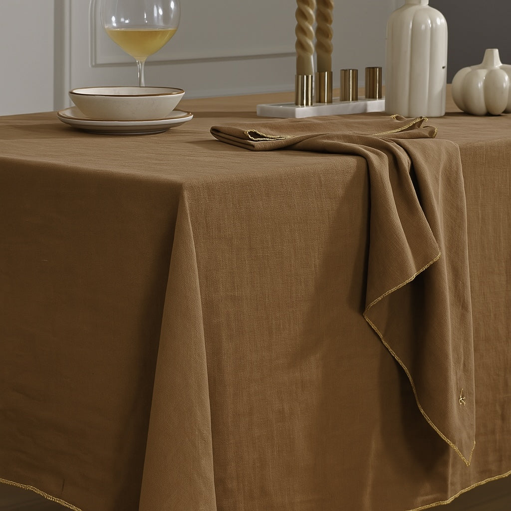 Nappe + 8 serviettes lin lavé 150x300 CAMILLE - noisette / or