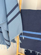 Fouta bicolore coton 100x200 AMALFI - bleu jean / bleu