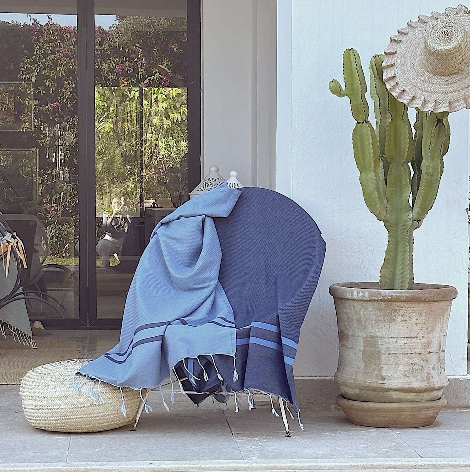 Fouta bicolore coton 100x200 AMALFI - bleu jean / bleu