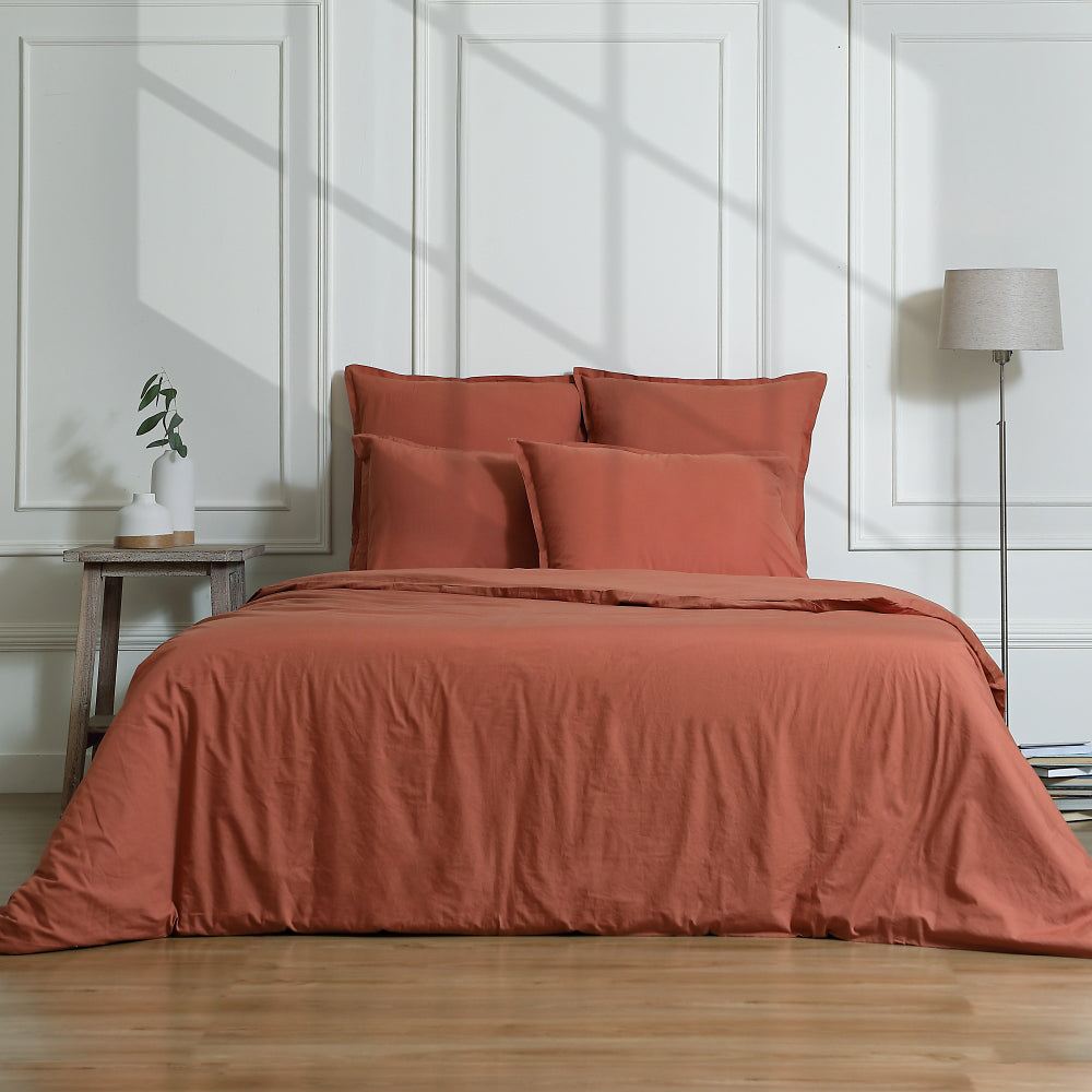 Parure + taies 50x70 percale de coton rouge toscane NINA - 260x240+2(50x70) cm