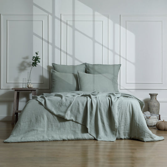 Parure + taies 50x70 lin lavé vert céladon CAMILLE