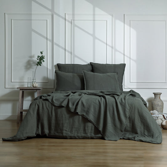 Parure + taies 50x70 lin lavé vert kaki CAMILLE