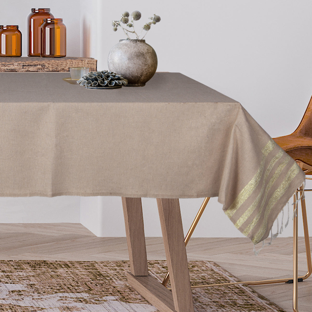 Nappe coton 170x170 HAMPTONS - blanc / or - febronie.com