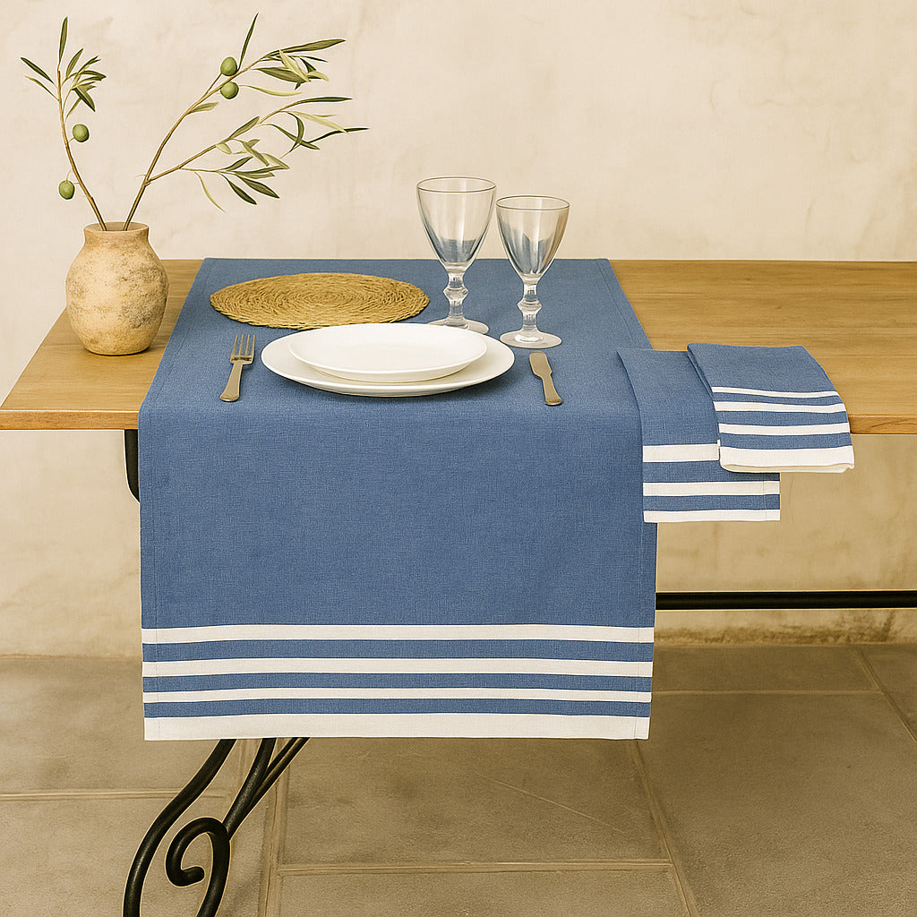 Chemin de table coton 50x150 MAHDIA - bleu grec