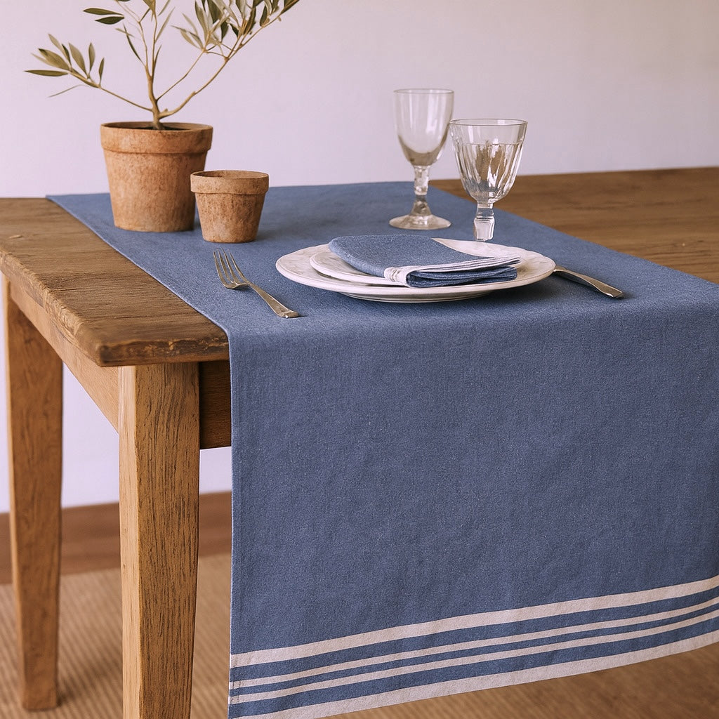 Chemin de table coton 50x150 MAHDIA - bleu grec