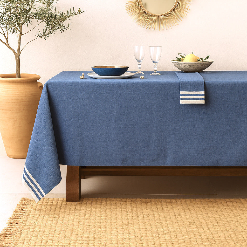 Nappe + 8 serviettes coton 180x350 MAHDIA - bleu grec