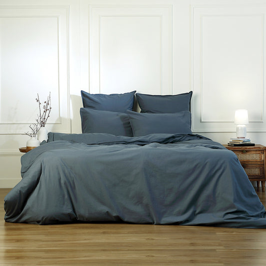 Parure + taies 50x70 coton lavé bleu orage LUNA