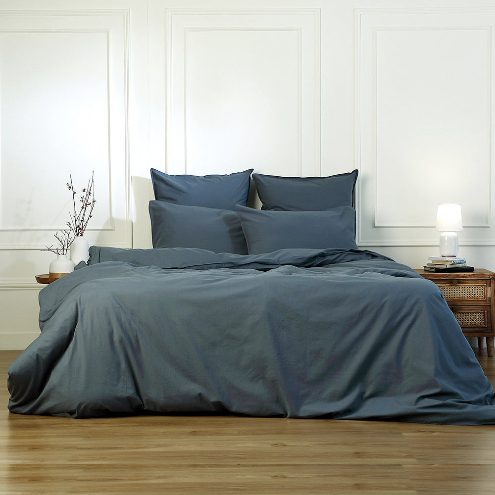 Parure + taies 50x70 coton lavé bleu orage LUNA