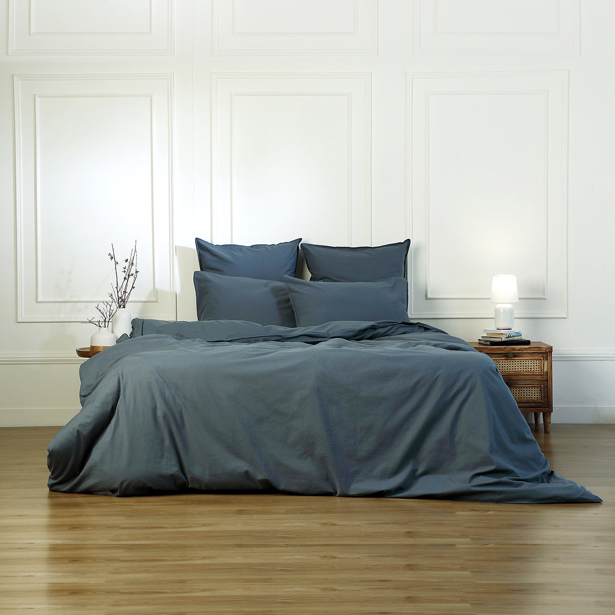 Parure + taies 50x70 coton lavé bleu orage LUNA - 260x240+2(50x70) cm